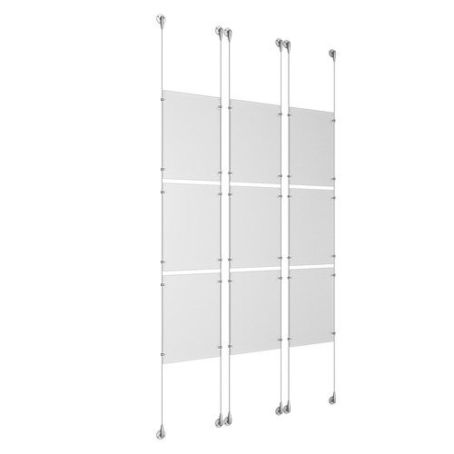 (9) 11'' Width x 17'' Height Clear Acrylic Frame & (6) Stainless Steel Satin Brushed Adjustable Angle Signature Cable Systems with (36) Single-Sided Panel Grippers