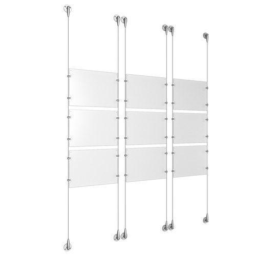 (9) 11'' Width x 8-1/2'' Height Clear Acrylic Frame & (6) Stainless Steel Satin Brushed Adjustable Angle Signature Cable Systems with (36) Single-Sided Panel Grippers