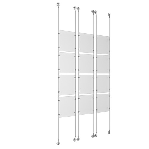 (12) 8-1/2'' Width x 11'' Height Clear Acrylic Frame & (6) Stainless Steel Satin Brushed Adjustable Angle Signature Cable Systems with (48) Single-Sided Panel Grippers