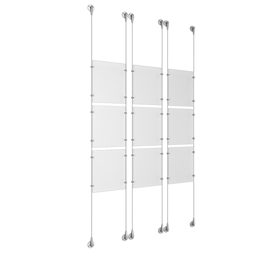 (3) 8-1/2'' Width x 11'' Height Clear Acrylic Frame & (1) Stainless Steel Satin Brushed Adjustable Angle Signature Cable Systems with (6) Single-Sided Panel Grippers (6) Double-Sided Panel Grippers