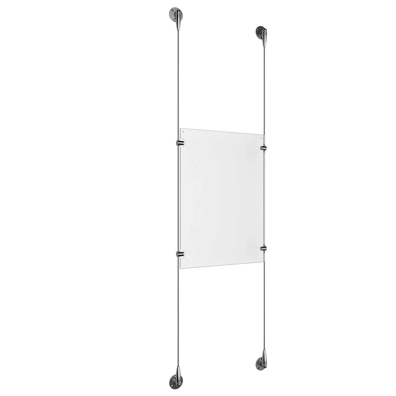 (1) 11'' Width x 17'' Height Clear Acrylic Frame & (2) Aluminum Clear Anodized Adjustable Angle Signature 1/8'' Diameter Cable Systems with (4) Single-Sided Panel Grippers