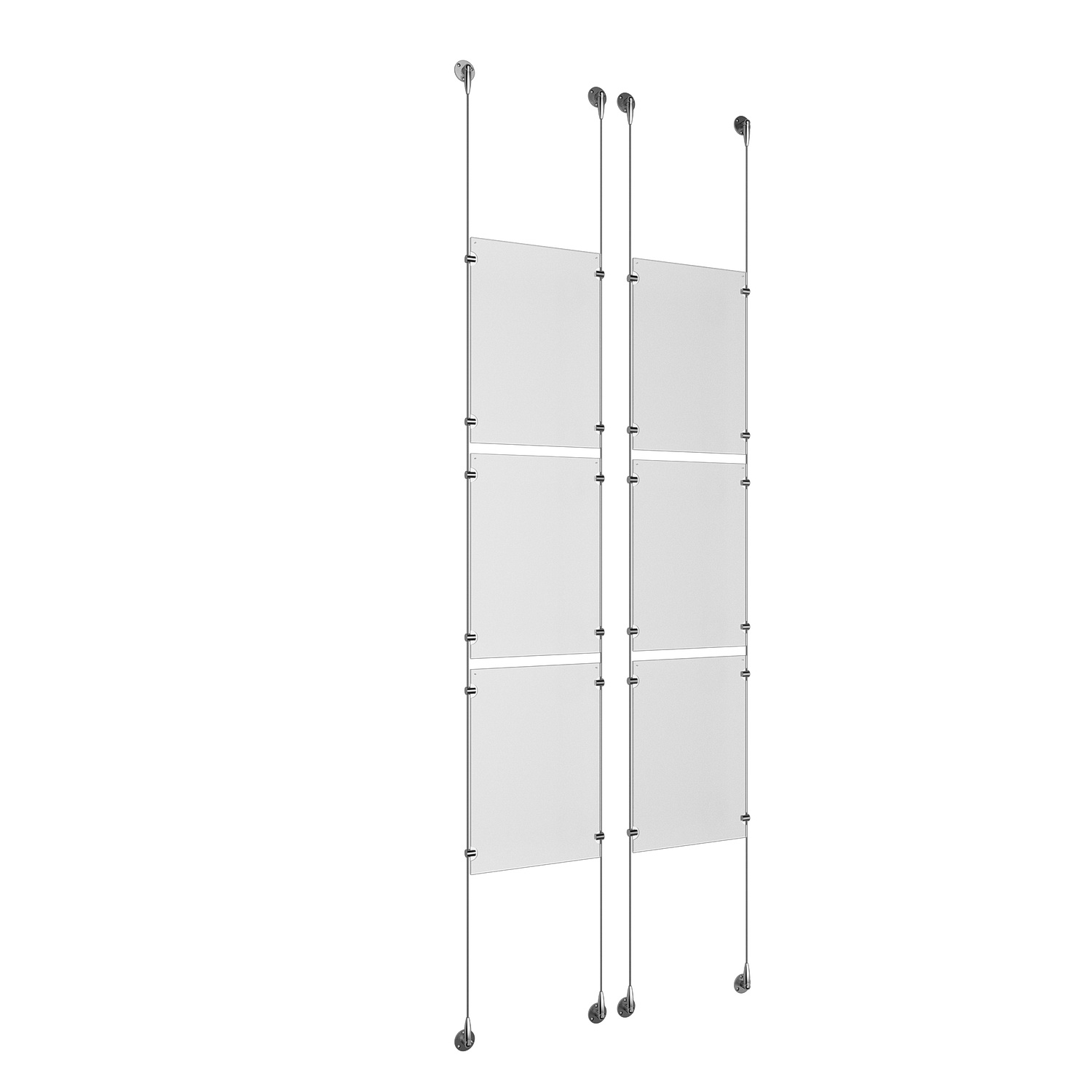 (6) 11'' Width x 17'' Height Clear Acrylic Frame & (4) Aluminum Clear Anodized Adjustable Angle Signature 1/8'' Diameter Cable Systems with (24) Single-Sided Panel Grippers