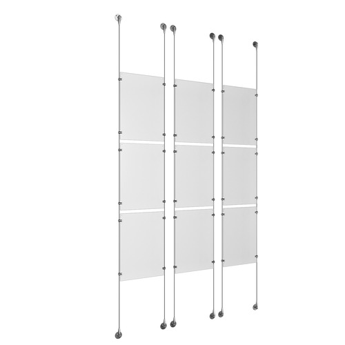 (9) 11'' Width x 17'' Height Clear Acrylic Frame & (6) Aluminum Clear Anodized Adjustable Angle Signature 1/8'' Diameter Cable Systems with (36) Single-Sided Panel Grippers