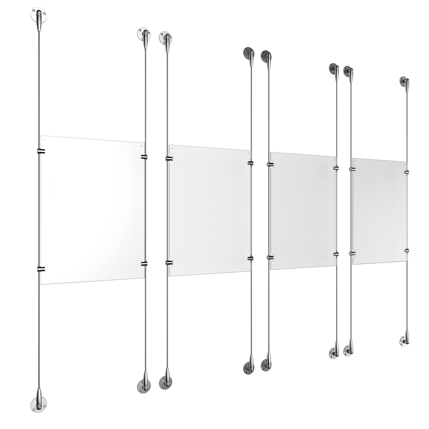 (4) 11'' Width x 17'' Height Clear Acrylic Frame & (8) Aluminum Clear Anodized Adjustable Angle Signature 1/8'' Diameter Cable Systems with (16) Single-Sided Panel Grippers