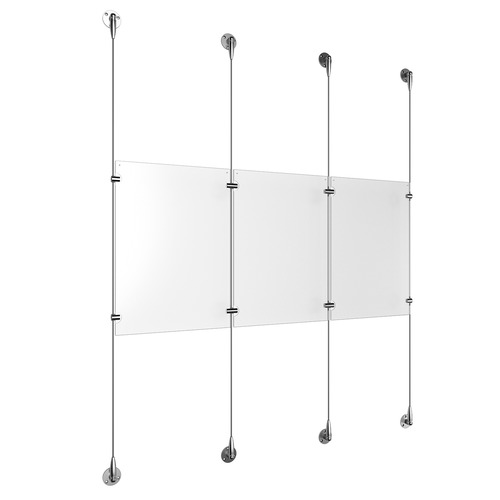 (3) 11'' Width x 17'' Height Clear Acrylic Frame & (4) Aluminum Clear Anodized Adjustable Angle Signature 1/8'' Diameter Cable Systems with (4) Single-Sided Panel Grippers (4) Double-Sided Panel Grippers