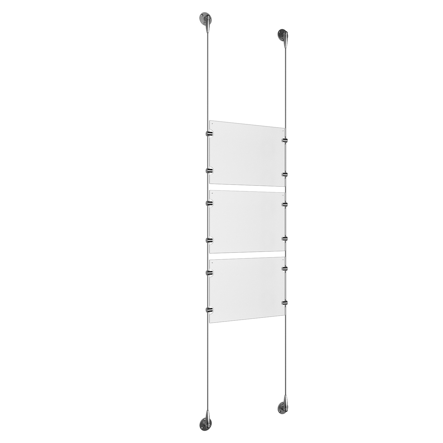 (3) 11'' Width x 8-1/2'' Height Clear Acrylic Frame & (2) Aluminum Clear Anodized Adjustable Angle Signature 1/8'' Diameter Cable Systems with (12) Single-Sided Panel Grippers