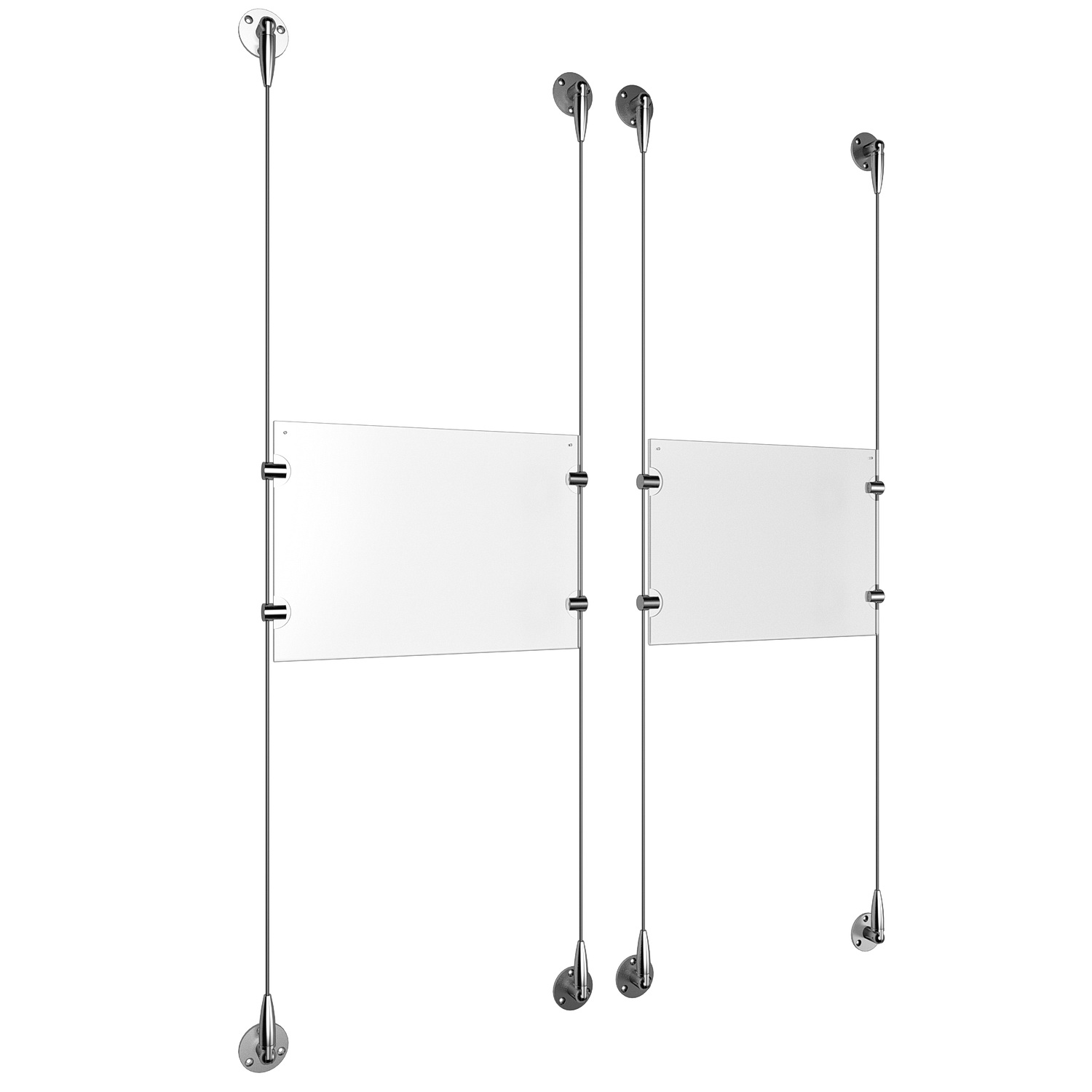 (2) 11'' Width x 8-1/2'' Height Clear Acrylic Frame & (4) Aluminum Clear Anodized Adjustable Angle Signature 1/8'' Diameter Cable Systems with (8) Single-Sided Panel Grippers