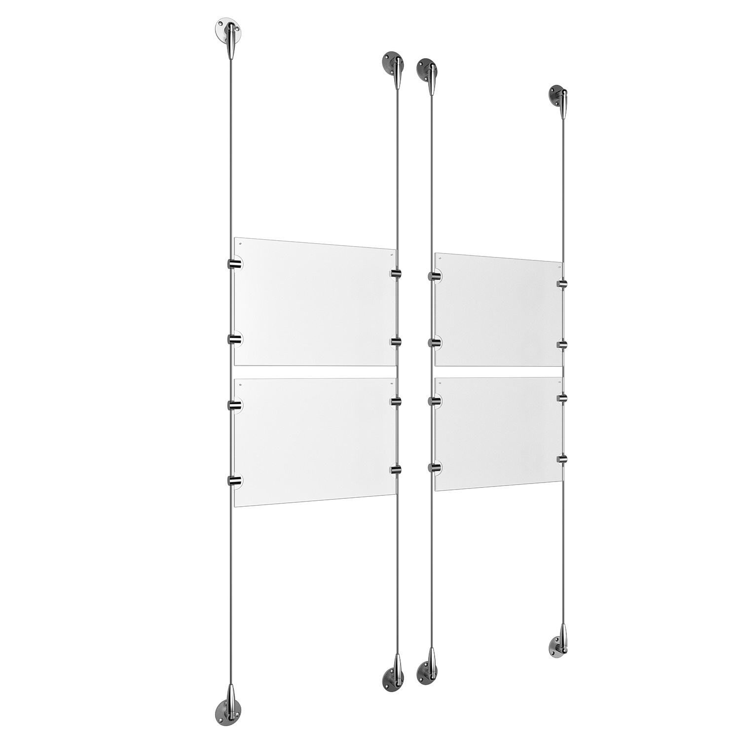 (4) 11'' Width x 8-1/2'' Height Clear Acrylic Frame & (4) Aluminum Clear Anodized Adjustable Angle Signature 1/8'' Diameter Cable Systems with (16) Single-Sided Panel Grippers