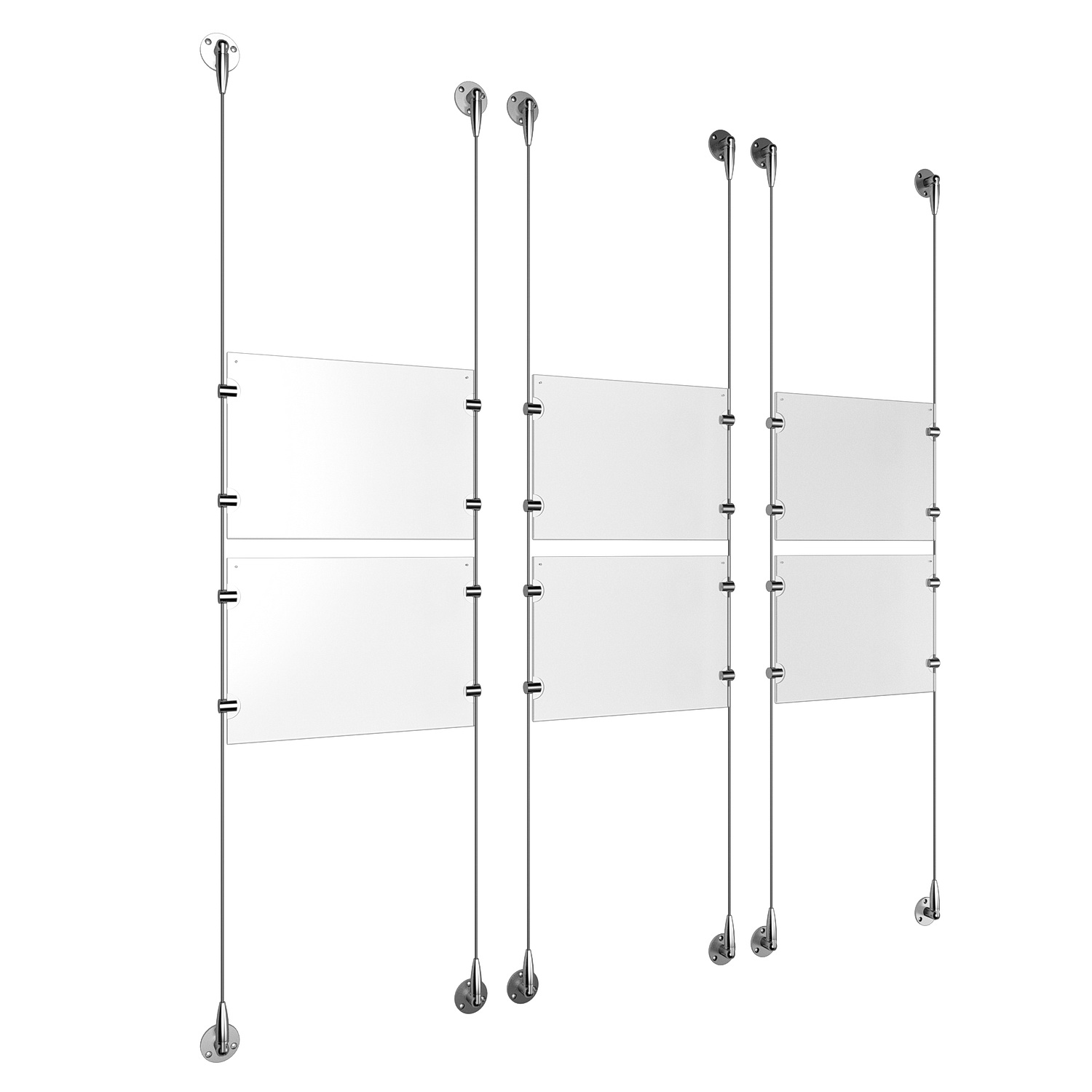 (6) 11'' Width x 8-1/2'' Height Clear Acrylic Frame & (6) Aluminum Clear Anodized Adjustable Angle Signature 1/8'' Diameter Cable Systems with (24) Single-Sided Panel Grippers