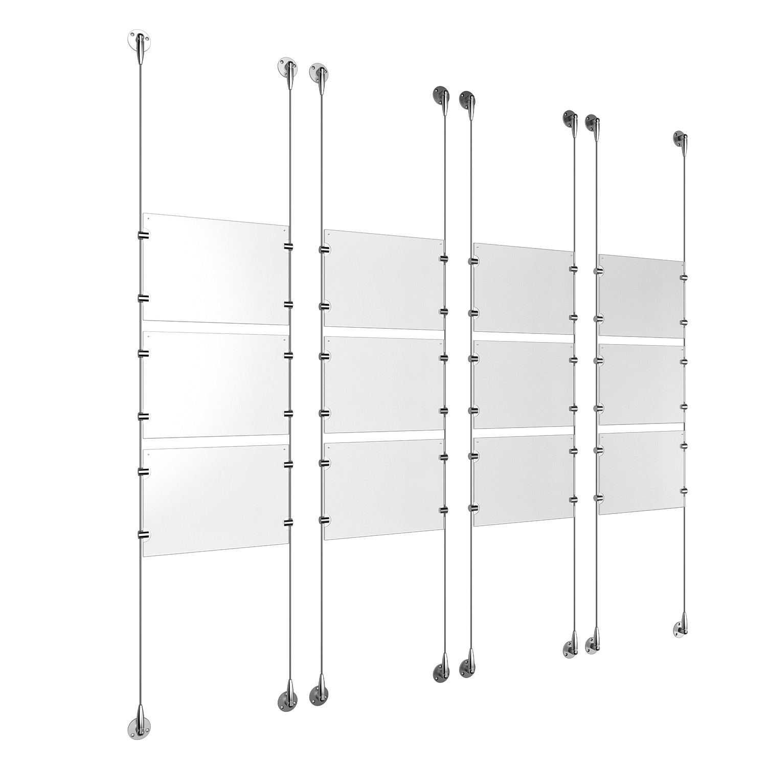 (12) 11'' Width x 8-1/2'' Height Clear Acrylic Frame & (8) Aluminum Clear Anodized Adjustable Angle Signature 1/8'' Diameter Cable Systems with (48) Single-Sided Panel Grippers