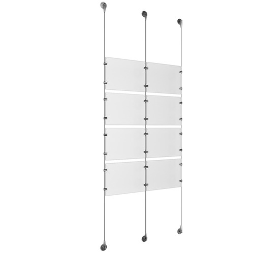 (8) 11'' Width x 8-1/2'' Height Clear Acrylic Frame & (3) Aluminum Clear Anodized Adjustable Angle Signature 1/8'' Diameter Cable Systems with (16) Single-Sided Panel Grippers (8) Double-Sided Panel Grippers