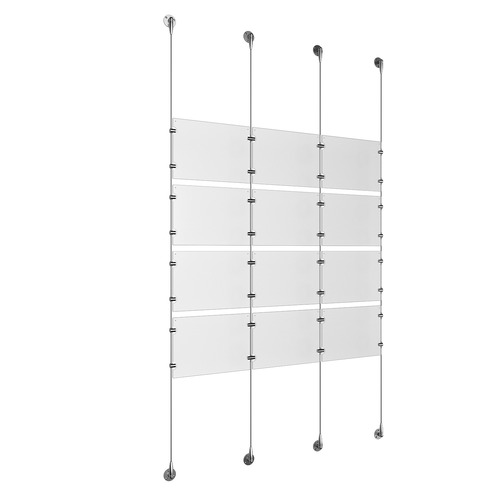 (12) 11'' Width x 8-1/2'' Height Clear Acrylic Frame & (4) Aluminum Clear Anodized Adjustable Angle Signature 1/8'' Diameter Cable Systems with (16) Single-Sided Panel Grippers (16) Double-Sided Panel Grippers
