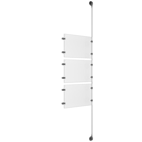 (3) 11'' Width x 8-1/2'' Height Clear Acrylic Frame & (1) Aluminum Clear Anodized Adjustable Angle Signature 1/8'' Diameter Cable Systems with (6) Single-Sided Panel Grippers (6) Double-Sided Panel Grippers