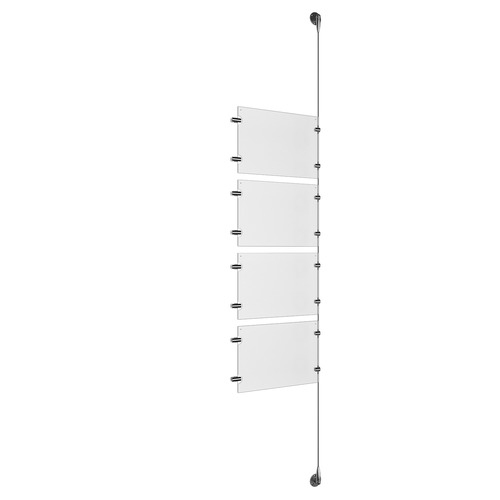 (4) 11'' Width x 8-1/2'' Height Clear Acrylic Frame & (1) Aluminum Clear Anodized Adjustable Angle Signature 1/8'' Diameter Cable Systems with (8) Single-Sided Panel Grippers (8) Double-Sided Panel Grippers