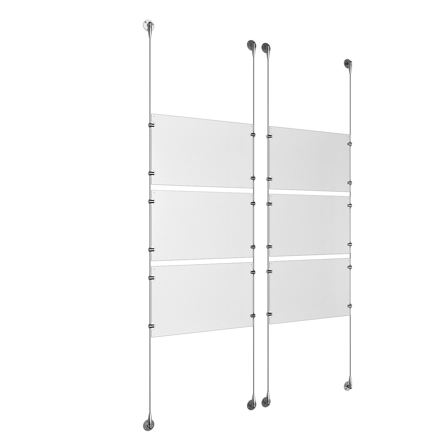 (6) 17'' Width x 11'' Height Clear Acrylic Frame & (4) Aluminum Clear Anodized Adjustable Angle Signature 1/8'' Diameter Cable Systems with (24) Single-Sided Panel Grippers