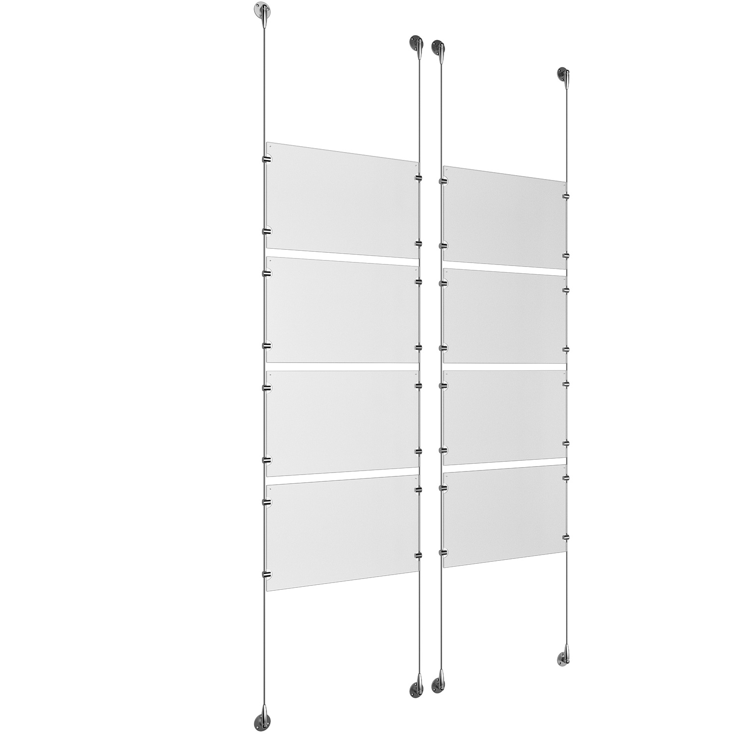 (8) 17'' Width x 11'' Height Clear Acrylic Frame & (4) Aluminum Clear Anodized Adjustable Angle Signature 1/8'' Diameter Cable Systems with (32) Single-Sided Panel Grippers