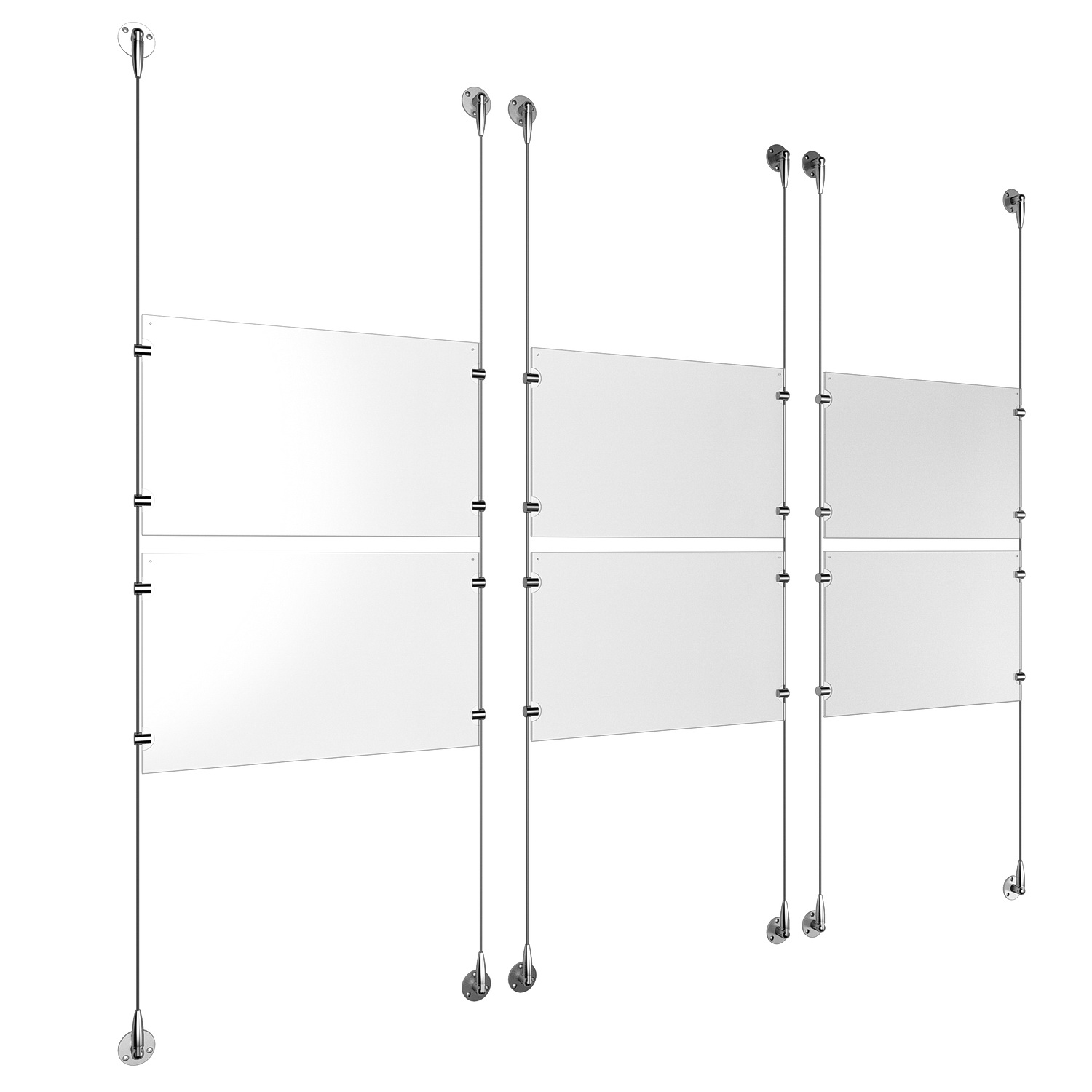 (6) 17'' Width x 11'' Height Clear Acrylic Frame & (6) Aluminum Clear Anodized Adjustable Angle Signature 1/8'' Diameter Cable Systems with (24) Single-Sided Panel Grippers