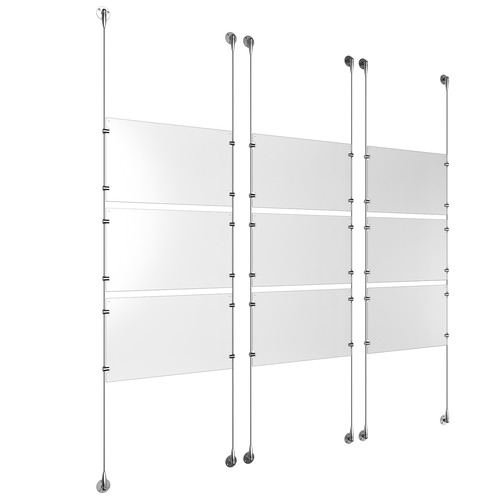 (9) 17'' Width x 11'' Height Clear Acrylic Frame & (6) Aluminum Clear Anodized Adjustable Angle Signature 1/8'' Diameter Cable Systems with (36) Single-Sided Panel Grippers