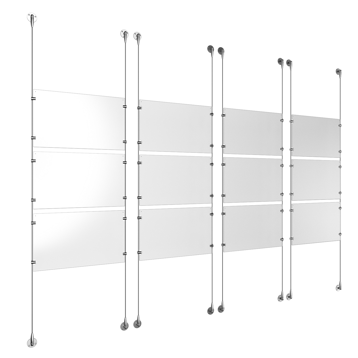 (12) 17'' Width x 11'' Height Clear Acrylic Frame & (8) Aluminum Clear Anodized Adjustable Angle Signature 1/8'' Diameter Cable Systems with (48) Single-Sided Panel Grippers