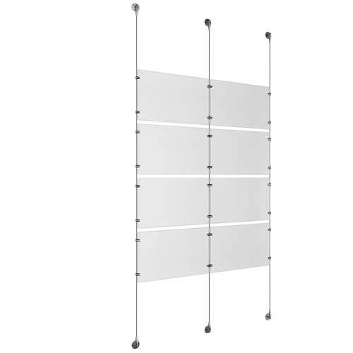 (8) 17'' Width x 11'' Height Clear Acrylic Frame & (3) Aluminum Clear Anodized Adjustable Angle Signature 1/8'' Diameter Cable Systems with (16) Single-Sided Panel Grippers (8) Double-Sided Panel Grippers