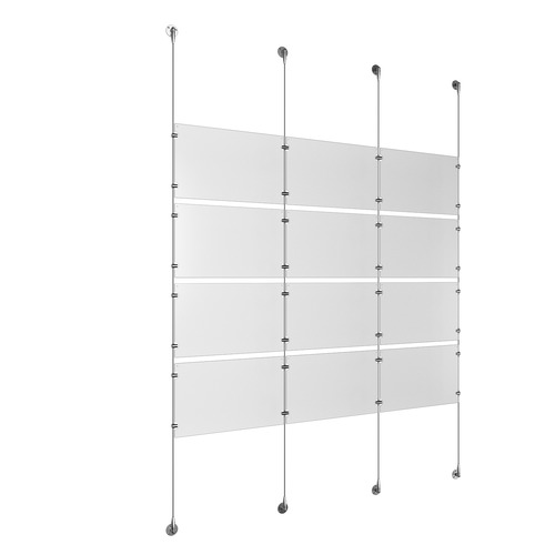 (12) 17'' Width x 11'' Height Clear Acrylic Frame & (4) Aluminum Clear Anodized Adjustable Angle Signature 1/8'' Diameter Cable Systems with (16) Single-Sided Panel Grippers (16) Double-Sided Panel Grippers