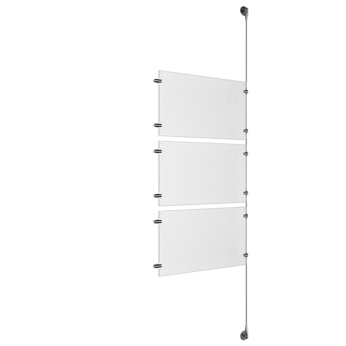 (3) 17'' Width x 11'' Height Clear Acrylic Frame & (1) Aluminum Clear Anodized Adjustable Angle Signature 1/8'' Diameter Cable Systems with (6) Single-Sided Panel Grippers (6) Double-Sided Panel Grippers