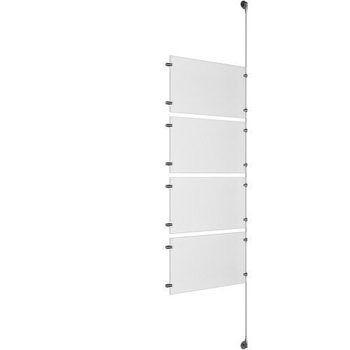 (4) 17'' Width x 11'' Height Clear Acrylic Frame & (1) Aluminum Clear Anodized Adjustable Angle Signature 1/8'' Diameter Cable Systems with (8) Single-Sided Panel Grippers (8) Double-Sided Panel Grippers