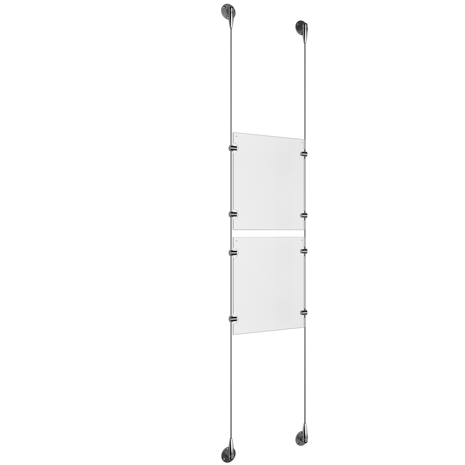 (2) 8-1/2'' Width x 11'' Height Clear Acrylic Frame & (2) Aluminum Clear Anodized Adjustable Angle Signature 1/8'' Diameter Cable Systems with (8) Single-Sided Panel Grippers
