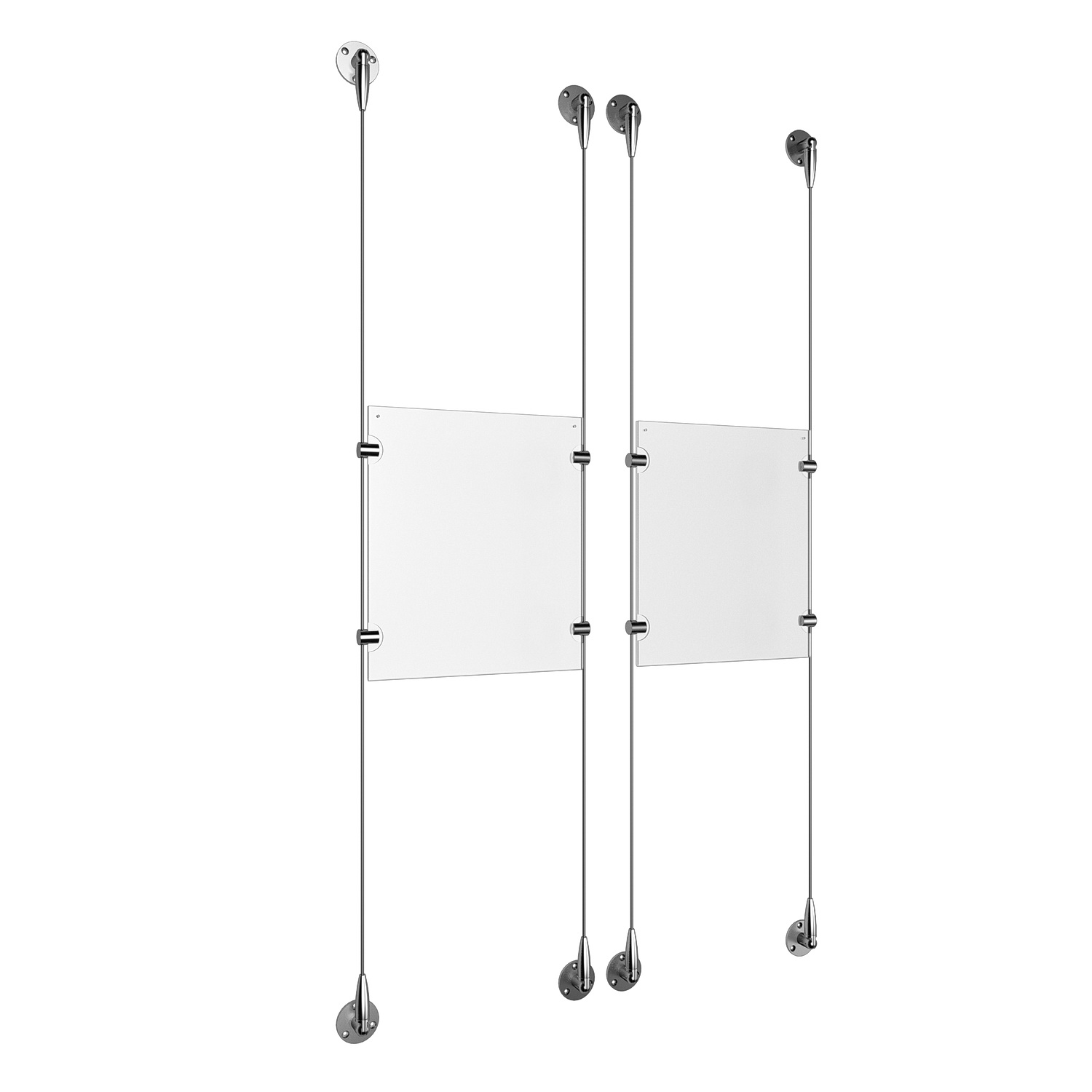 (2) 8-1/2'' Width x 11'' Height Clear Acrylic Frame & (4) Aluminum Clear Anodized Adjustable Angle Signature 1/8'' Diameter Cable Systems with (8) Single-Sided Panel Grippers