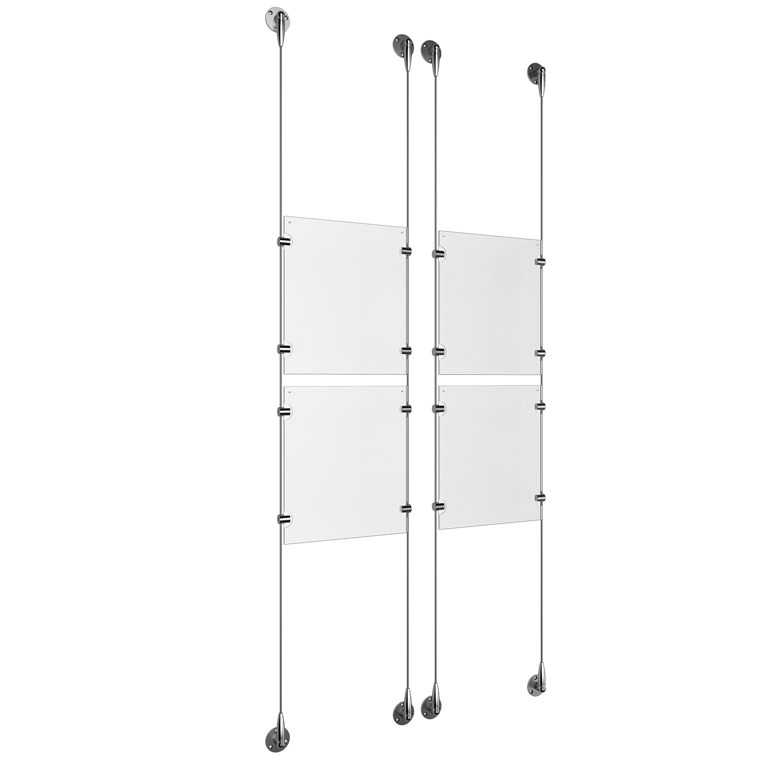 (4) 8-1/2'' Width x 11'' Height Clear Acrylic Frame & (4) Aluminum Clear Anodized Adjustable Angle Signature 1/8'' Diameter Cable Systems with (16) Single-Sided Panel Grippers