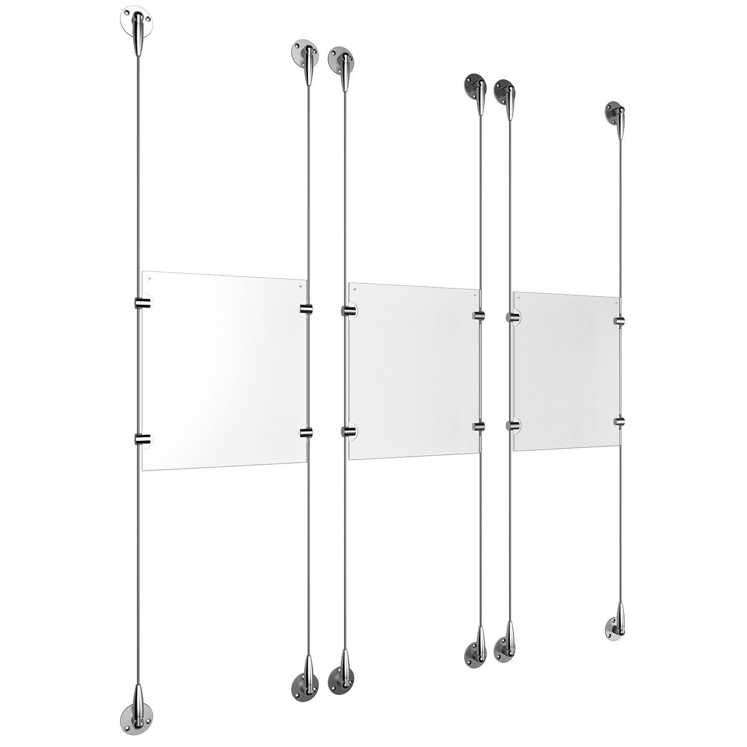 (3) 8-1/2'' Width x 11'' Height Clear Acrylic Frame & (6) Aluminum Clear Anodized Adjustable Angle Signature 1/8'' Diameter Cable Systems with (12) Single-Sided Panel Grippers