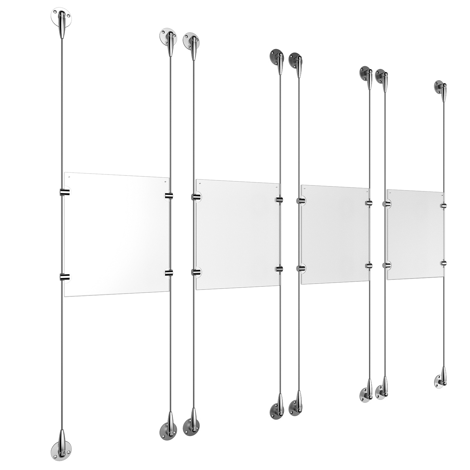 (4) 8-1/2'' Width x 11'' Height Clear Acrylic Frame & (8) Aluminum Clear Anodized Adjustable Angle Signature 1/8'' Diameter Cable Systems with (16) Single-Sided Panel Grippers