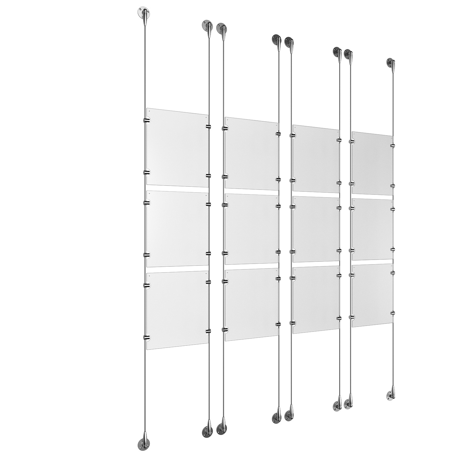(12) 8-1/2'' Width x 11'' Height Clear Acrylic Frame & (8) Aluminum Clear Anodized Adjustable Angle Signature 1/8'' Diameter Cable Systems with (48) Single-Sided Panel Grippers