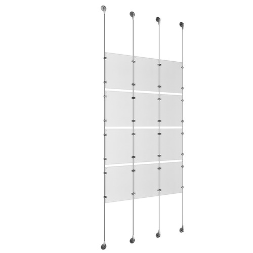 (12) 8-1/2'' Width x 11'' Height Clear Acrylic Frame & (4) Aluminum Clear Anodized Adjustable Angle Signature 1/8'' Diameter Cable Systems with (16) Single-Sided Panel Grippers (16) Double-Sided Panel Grippers