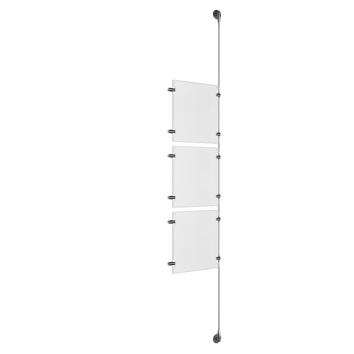 (3) 8-1/2'' Width x 11'' Height Clear Acrylic Frame & (1) Aluminum Clear Anodized Adjustable Angle Signature 1/8'' Diameter Cable Systems with (6) Single-Sided Panel Grippers (6) Double-Sided Panel Grippers