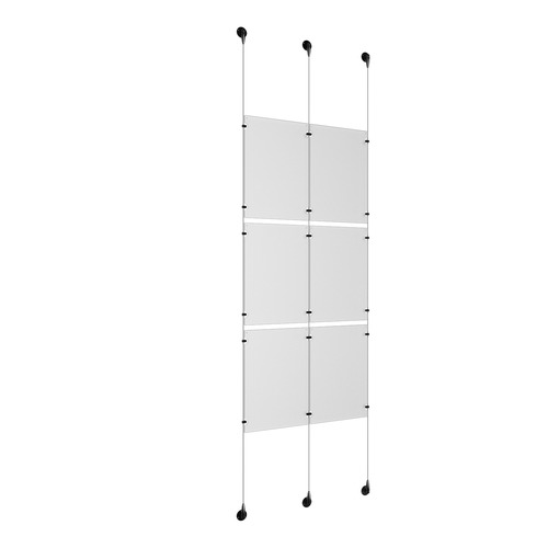 (6) 11'' Width x 17'' Height Clear Acrylic Frame & (3) Aluminum Matte Black Adjustable Angle Signature 1/8'' Diameter Cable Systems with (12) Single-Sided Panel Grippers (6) Double-Sided Panel Grippers