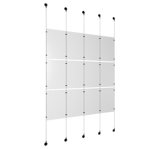 (12) 11'' Width x 17'' Height Clear Acrylic Frame & (5) Aluminum Matte Black Adjustable Angle Signature 1/8'' Diameter Cable Systems with (12) Single-Sided Panel Grippers (18) Double-Sided Panel Grippers