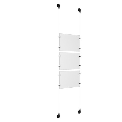 (3) 11'' Width x 8-1/2'' Height Clear Acrylic Frame & (2) Aluminum Matte Black Adjustable Angle Signature 1/8'' Diameter Cable Systems with (12) Single-Sided Panel Grippers