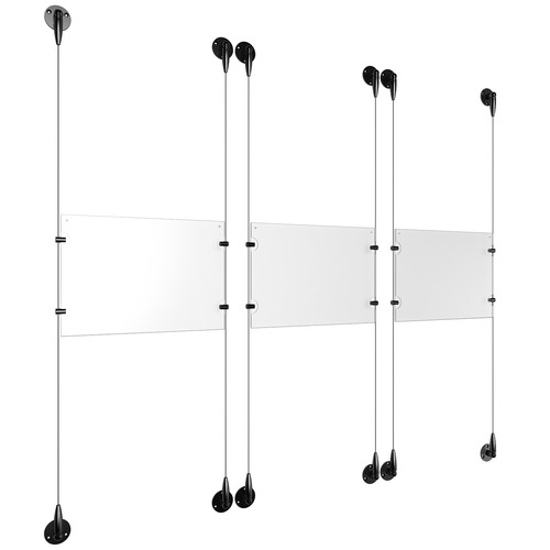 (3) 11'' Width x 8-1/2'' Height Clear Acrylic Frame & (6) Aluminum Matte Black Adjustable Angle Signature 1/8'' Diameter Cable Systems with (12) Single-Sided Panel Grippers