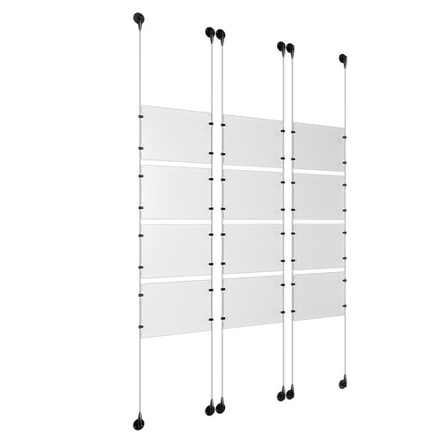 (12) 11'' Width x 8-1/2'' Height Clear Acrylic Frame & (6) Aluminum Matte Black Adjustable Angle Signature 1/8'' Diameter Cable Systems with (48) Single-Sided Panel Grippers