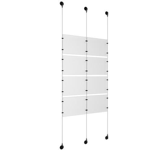 (8) 11'' Width x 8-1/2'' Height Clear Acrylic Frame & (3) Aluminum Matte Black Adjustable Angle Signature 1/8'' Diameter Cable Systems with (16) Single-Sided Panel Grippers (8) Double-Sided Panel Grippers