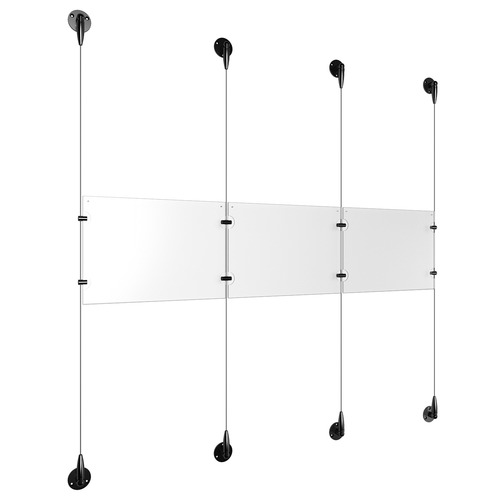 (3) 11'' Width x 8-1/2'' Height Clear Acrylic Frame & (4) Aluminum Matte Black Adjustable Angle Signature 1/8'' Diameter Cable Systems with (4) Single-Sided Panel Grippers (4) Double-Sided Panel Grippers
