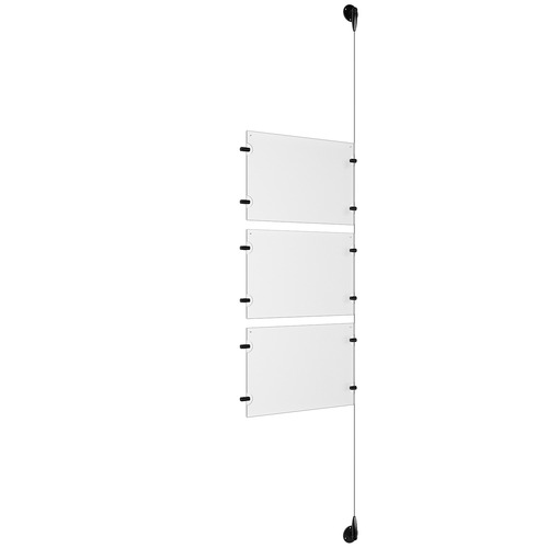 (3) 11'' Width x 8-1/2'' Height Clear Acrylic Frame & (1) Aluminum Matte Black Adjustable Angle Signature 1/8'' Diameter Cable Systems with (6) Single-Sided Panel Grippers (6) Double-Sided Panel Grippers