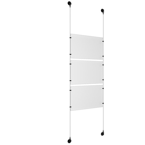(3) 17'' Width x 11'' Height Clear Acrylic Frame & (2) Aluminum Matte Black Adjustable Angle Signature 1/8'' Diameter Cable Systems with (12) Single-Sided Panel Grippers