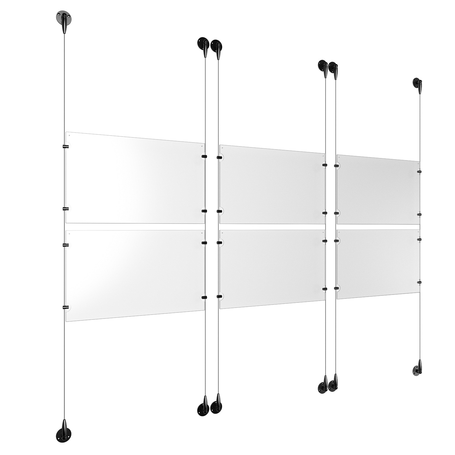 (6) 17'' Width x 11'' Height Clear Acrylic Frame & (6) Aluminum Matte Black Adjustable Angle Signature 1/8'' Diameter Cable Systems with (24) Single-Sided Panel Grippers