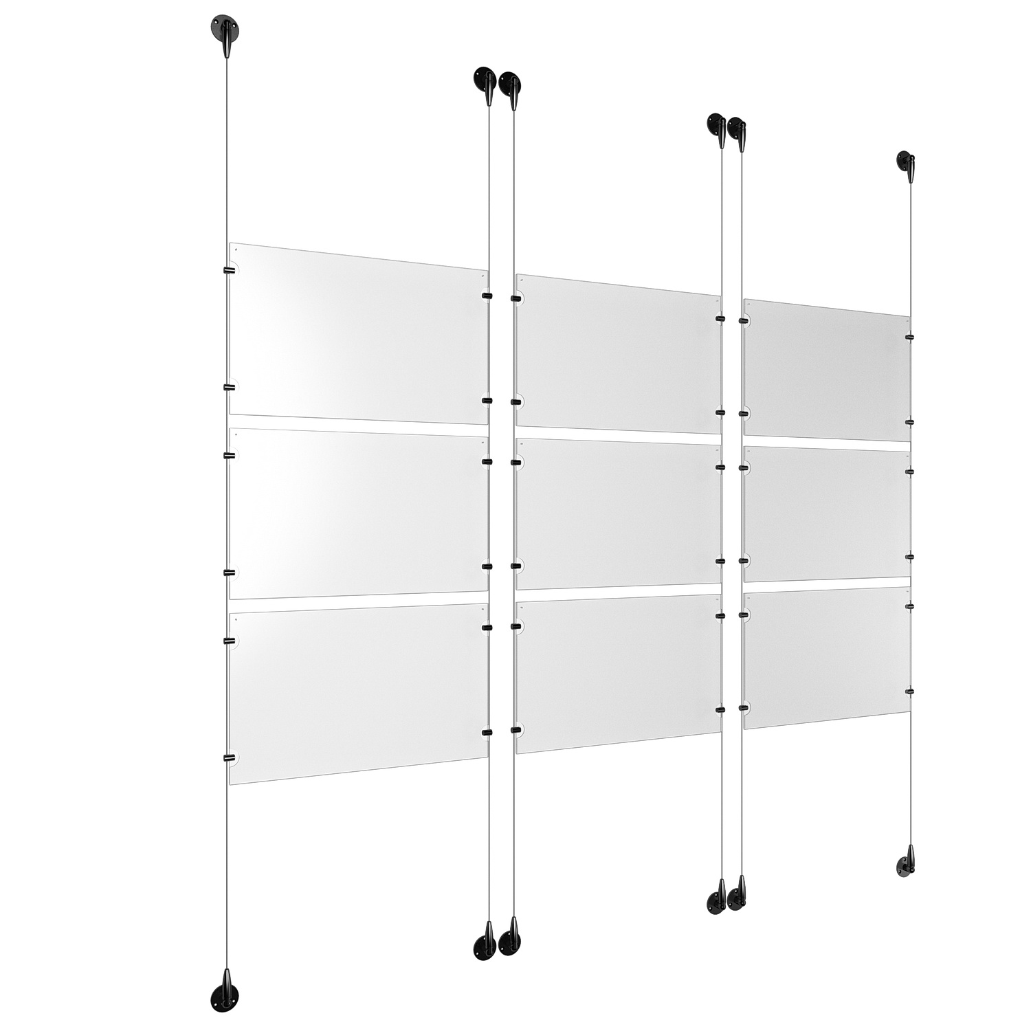 (9) 17'' Width x 11'' Height Clear Acrylic Frame & (6) Aluminum Matte Black Adjustable Angle Signature 1/8'' Diameter Cable Systems with (36) Single-Sided Panel Grippers