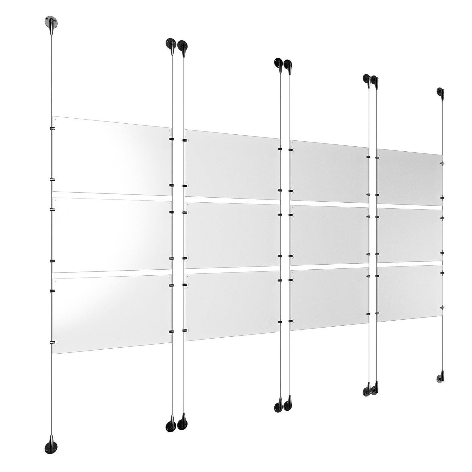 (12) 17'' Width x 11'' Height Clear Acrylic Frame & (8) Aluminum Matte Black Adjustable Angle Signature 1/8'' Diameter Cable Systems with (48) Single-Sided Panel Grippers