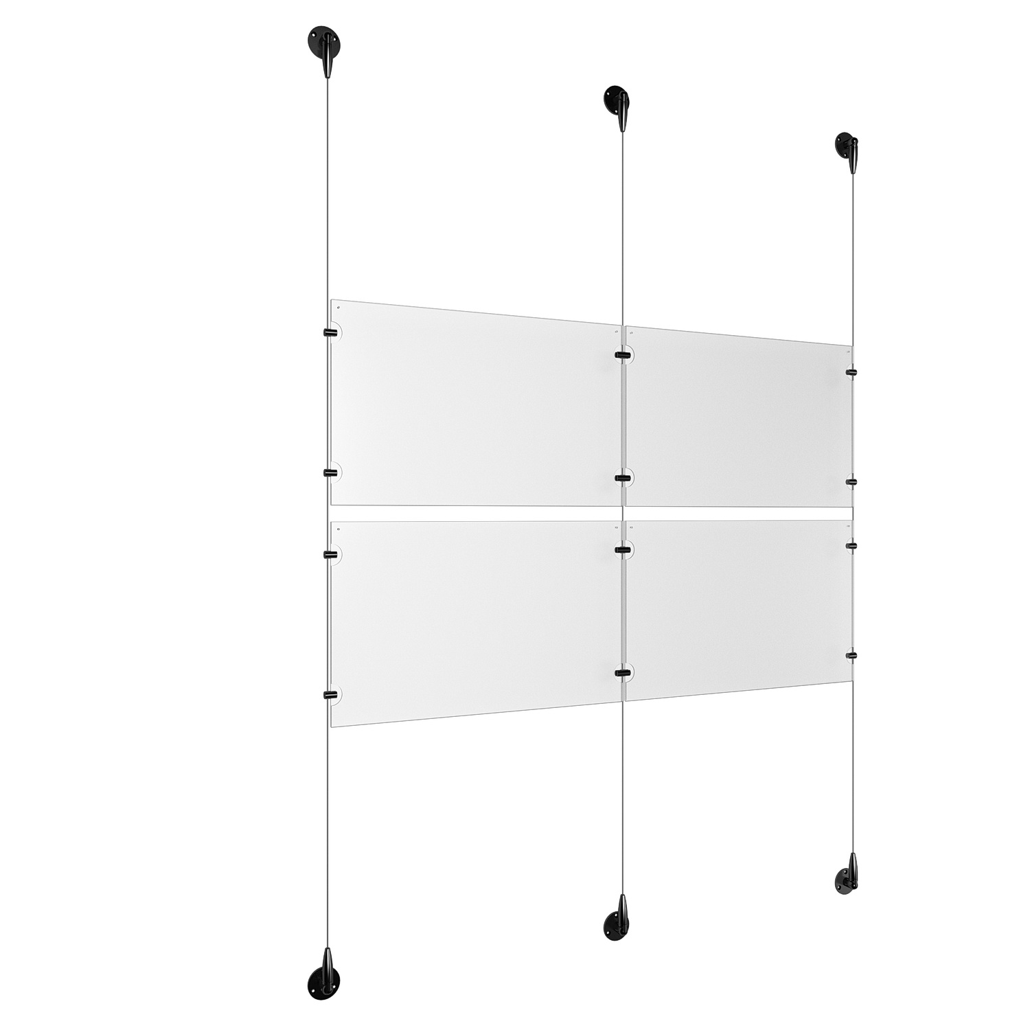 (4) 17'' Width x 11'' Height Clear Acrylic Frame & (3) Aluminum Matte Black Adjustable Angle Signature 1/8'' Diameter Cable Systems with (8) Single-Sided Panel Grippers (4) Double-Sided Panel Grippers