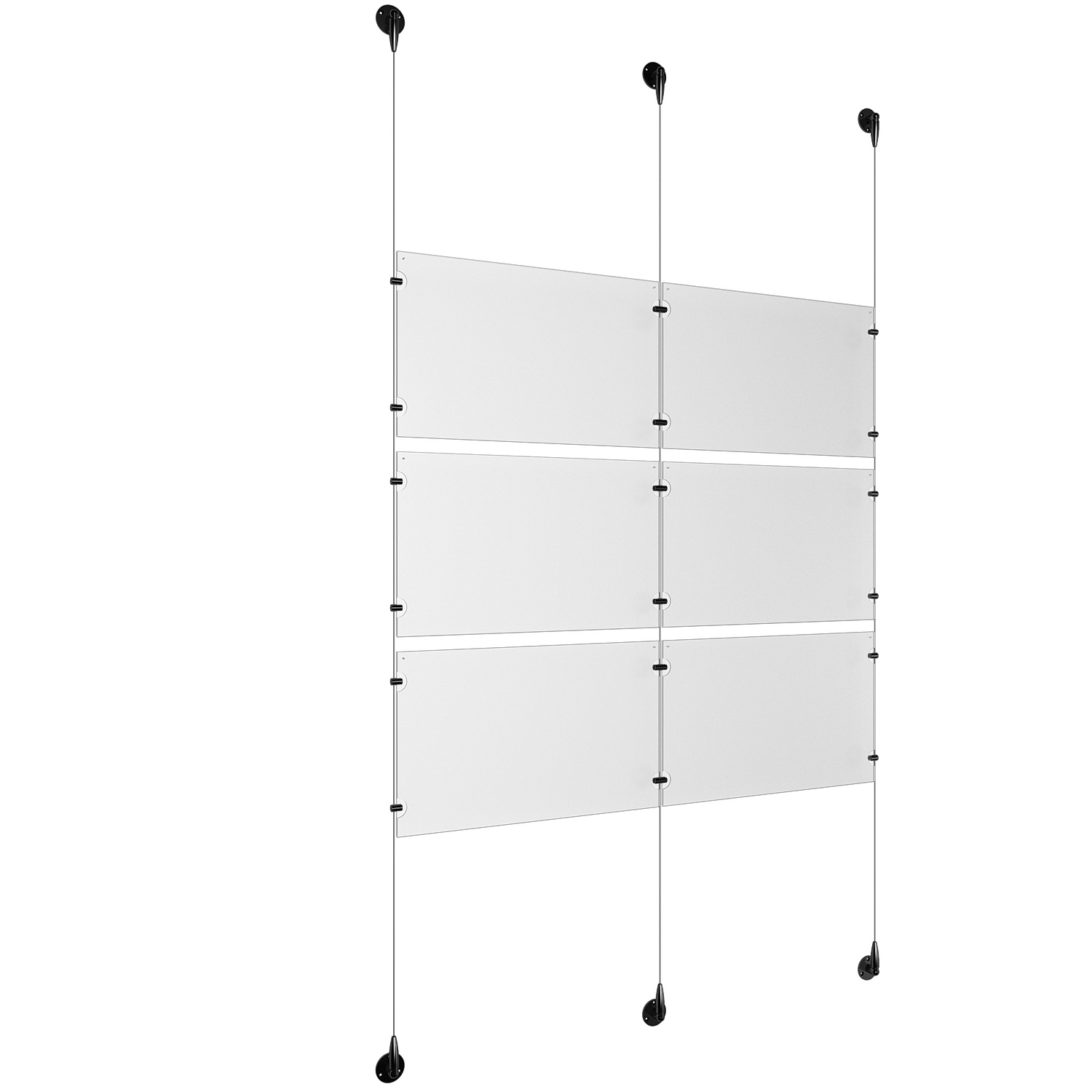 (6) 17'' Width x 11'' Height Clear Acrylic Frame & (3) Aluminum Matte Black Adjustable Angle Signature 1/8'' Diameter Cable Systems with (12) Single-Sided Panel Grippers (6) Double-Sided Panel Grippers