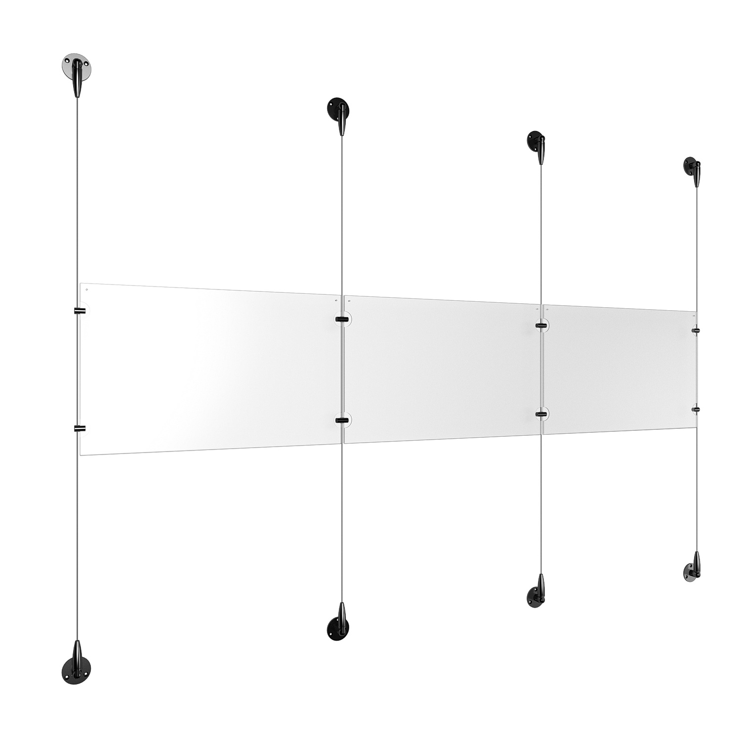(3) 17'' Width x 11'' Height Clear Acrylic Frame & (4) Aluminum Matte Black Adjustable Angle Signature 1/8'' Diameter Cable Systems with (4) Single-Sided Panel Grippers (4) Double-Sided Panel Grippers